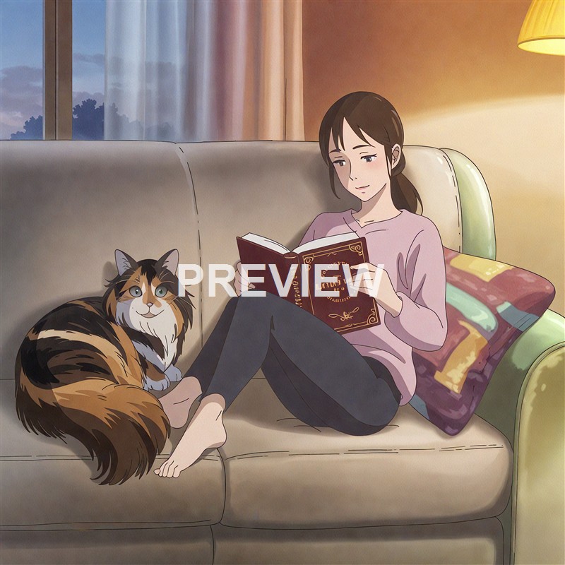 A woman with brown hair sitting on a beige sofa, reading a book, with a calico cat lying beside her, in a cozy living room illuminated by warm lighting and a window showing a dusk sky.